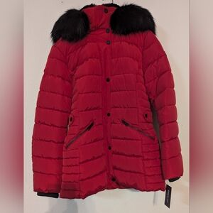 Kenneth Cole red puffer jacket size small, black fur trim around hood of coat